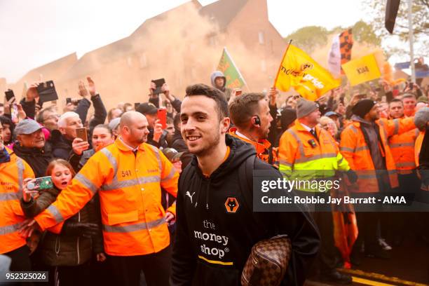 Diogo Jota of Wolverhampton Wanderers arrives prior to the Sky Bet Championship match between Wolverhampton Wanderers and Sheffield Wednesday at...