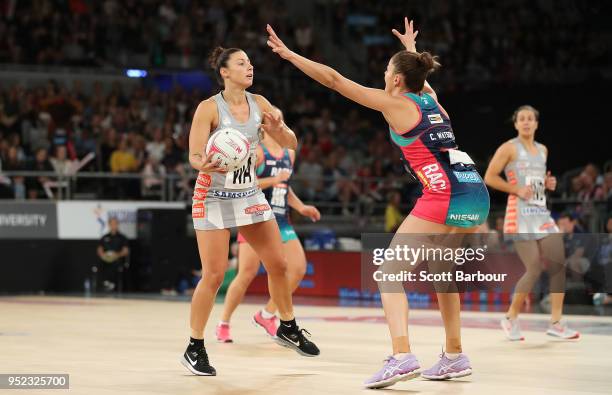 Madi Robinson of the Magpies controls the ball during the Suncorp Super Netball round 1 match between the Melbourne Vixens and Collingwood Magpies...