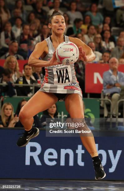 Madi Robinson of the Magpies controls the ball during the Suncorp Super Netball round 1 match between the Melbourne Vixens and Collingwood Magpies...