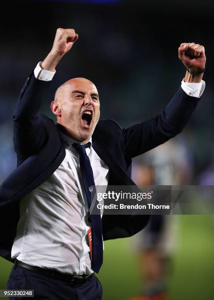 Victory coach, Kevin Muscat celebrates at full time during the A-League Semi Final match between Sydney FC and Melbourne Victory at Allianz Stadium...