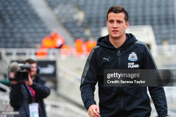 Javier Manquillo of Newcastle United arrives for the Premier League match between Newcastle United and West Bromwich Albion at St.James' Park on...
