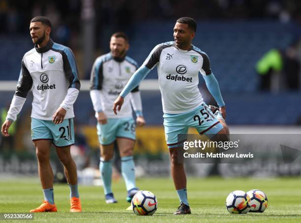 Nahki Wells and Aaron Lennon of Burnley warm up prior to the Premier League match between Burnley and Brighton and Hove Albion at Turf Moor on April...