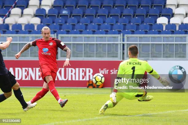 Manuel Schaeffler of Wiesbaden scores his second goal during the 3. Liga match between SV Wehen Wiesbaden and FSV Zwickau at Brita-Arena on April 28,...