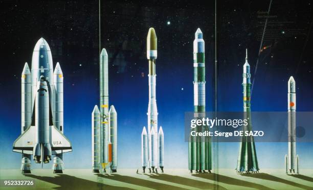 Présentation des différentes fusées et navette spatiales, dans l'exposition sur la conquête spatiale à la cité des Sciences et de l'Industrie de La...