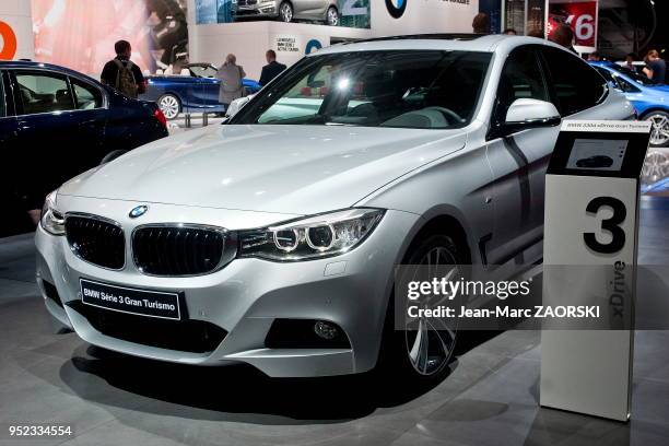 La BMW Serie 3 Gran Turismo présentee sur le stand BMW pendant le Mondial de l'Automobile, a Paris en France le 3 octobre 2014.