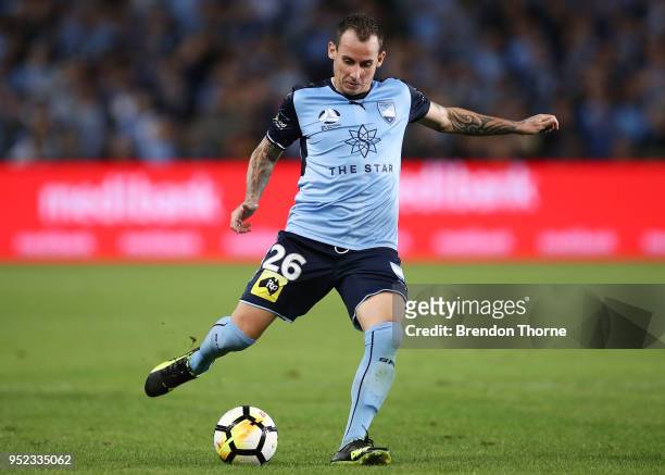 Luke Wilkshire of Sydney kicks during the A-League Semi Final match between Sydney FC and Melbourne Victory at Allianz Stadium on April 28, 2018 in...