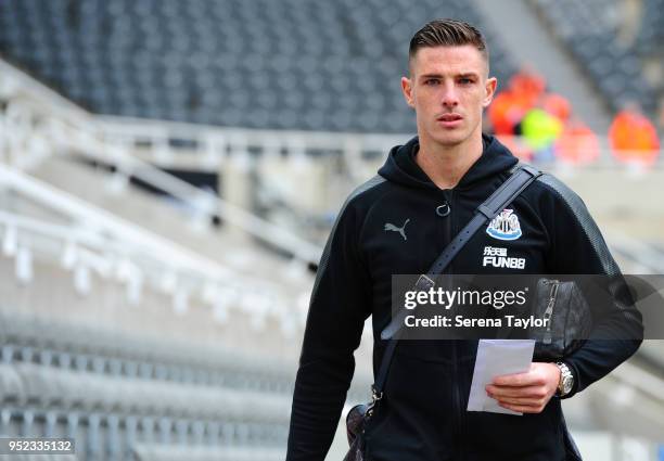 Ciaran Clark of Newcastle United arrives for the Premier League match between Newcastle United and West Bromwich Albion at St.James' Park on April 28...