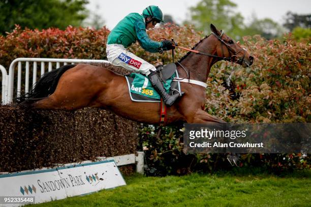 Daryl Jacob riding Top Notch clear the last to win The bet365 Oaksey Chase at Sandown Park racecourse on April 28, 2018 in Esher, England.