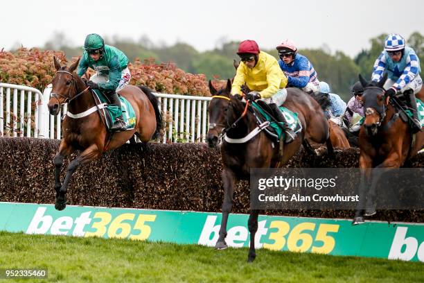 Daryl Jacob riding Top Notch on their way to winning The bet365 Oaksey Chase at Sandown Park racecourse on April 28, 2018 in Esher, England.