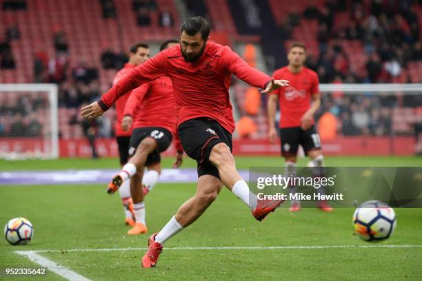 Charlie Austin of Southampton shoots during the warm up prior to the Premier League match between Southampton and AFC Bournemouth at St Mary's...