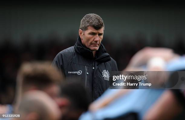 Rob Baxter, Head Coach of Exeter Chiefs during the Aviva Premiership match between Exeter Chiefs and Sale Sharks at Sandy Park on April 28, 2018 in...