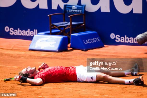 Stefanos Tsitsipas of Greece celebrates his victory against Pablo Carreno of Spain in their semi-final match during day six of the Barcelona Open...