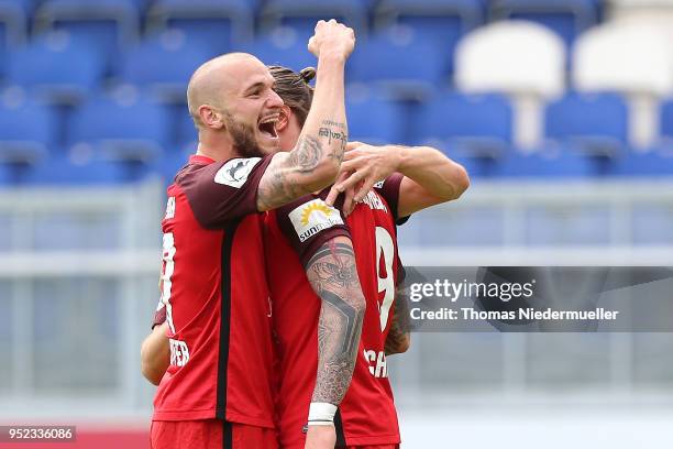 Manuel Schaeffler of Wiesbaden celebrates with Simon Brandstetter during the 3. Liga match between SV Wehen Wiesbaden and FSV Zwickau at Brita-Arena...