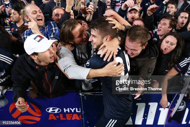 Terry Antonis of the Victory celebrates with fans after scoring the winning goal during the A-League Semi Final match between Sydney FC and Melbourne...