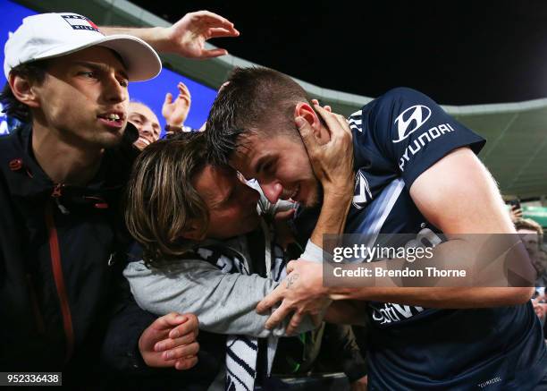 Terry Antonis of the Victory celebrates with fans after scoring the winning goal during the A-League Semi Final match between Sydney FC and Melbourne...