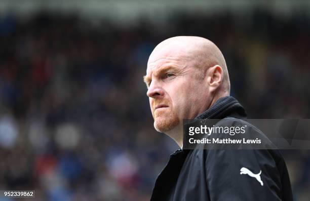 Sean Dyche, Manager of Burnley looks on prior to the Premier League match between Burnley and Brighton and Hove Albion at Turf Moor on April 28, 2018...