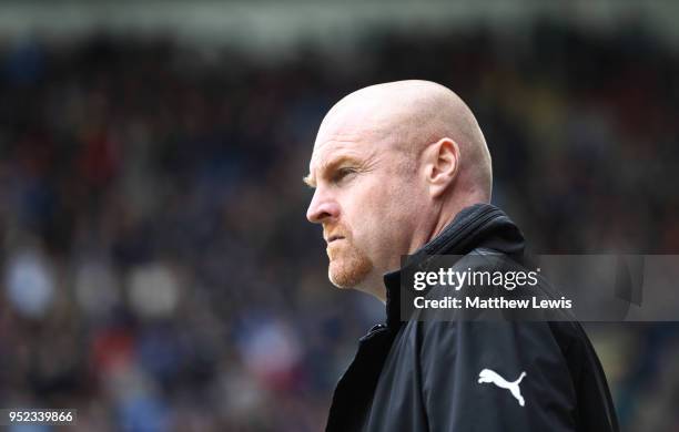 Sean Dyche, Manager of Burnley looks on prior to the Premier League match between Burnley and Brighton and Hove Albion at Turf Moor on April 28, 2018...