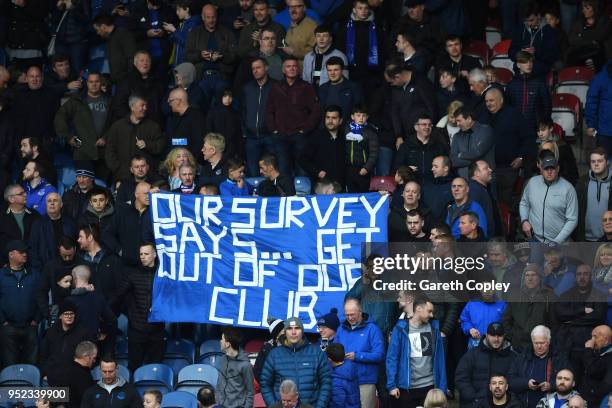 Fans display a banner during the Premier League match between Huddersfield Town and Everton at John Smith's Stadium on April 28, 2018 in...