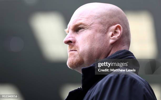 Sean Dyche, Manager of Burnley looks on prior to the Premier League match between Burnley and Brighton and Hove Albion at Turf Moor on April 28, 2018...