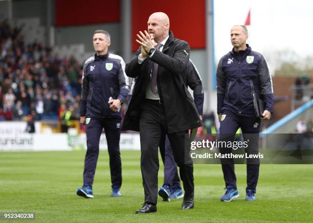 Sean Dyche, Manager of Burnley applauds the crowd prior to the Premier League match between Burnley and Brighton and Hove Albion at Turf Moor on...