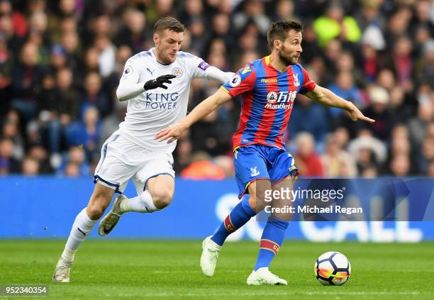 Jamie Vardy of Leicester City chases down Yohan Cabaye of Crystal Palace during the Premier League match between Crystal Palace and Leicester City at...