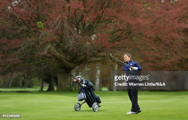 Ester Fagersten plays into the third green during the second round of the Girls' U-16 Open Championship at Fulford Golf Club on April 28, 2018 in...