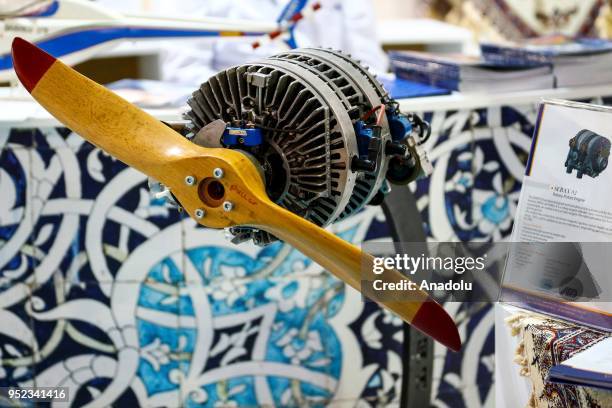 Rotary piston engine of Iranian firm Samt is being displayed during the 'Eurasia Airshow' at the International Terminal of Antalya Airport in...