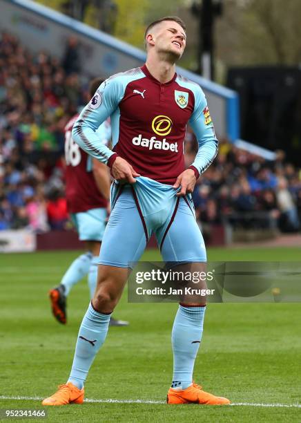 Johann Gudmundsson of Burnley reacts after a miss during the Premier League match between Burnley and Brighton and Hove Albion at Turf Moor on April...