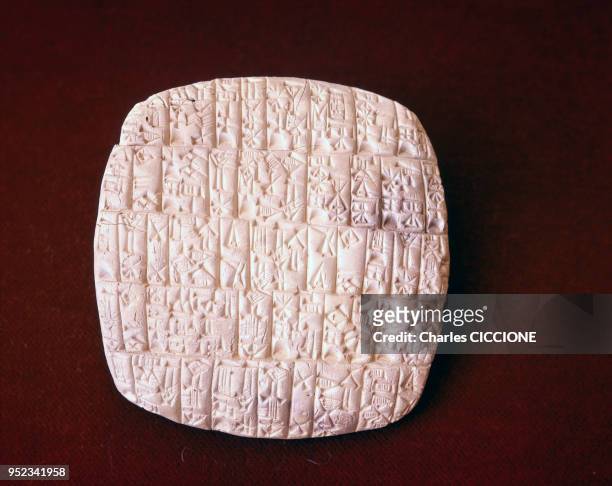 Tablette d'inscription économique sumérienne, au musée du Louvre, à Paris, en France.