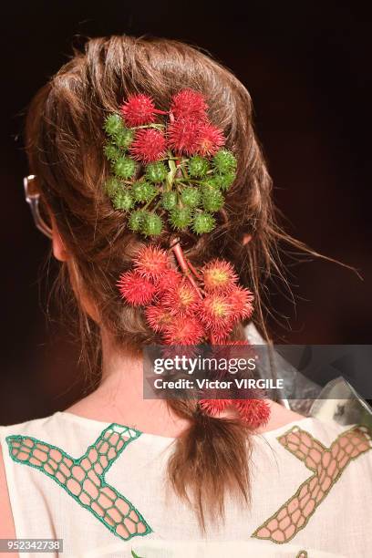 Model walks the runway at the Ronaldo Fraga Spring Summer 2019 fashion show during the SPFW N45 on April 26, 2018 in Sao Paulo, Brazil.