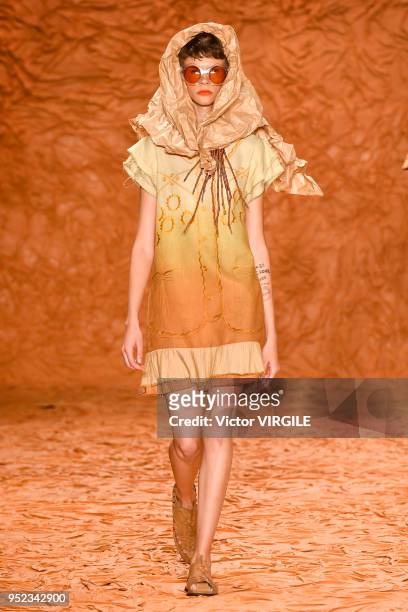 Model walks the runway at the Ronaldo Fraga Spring Summer 2019 fashion show during the SPFW N45 on April 26, 2018 in Sao Paulo, Brazil.
