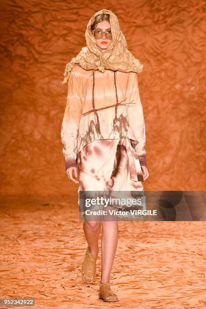 Model walks the runway at the Ronaldo Fraga Spring Summer 2019 fashion show during the SPFW N45 on April 26, 2018 in Sao Paulo, Brazil.