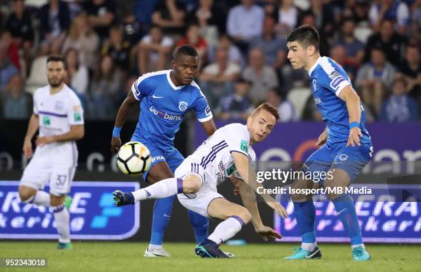 Genk , Belgium / Krc Genk v Rsc Anderlecht / "nAlly SAMATTA - Adrien TREBEL - Ruslan MALINOVSKYI"nFootball Jupiler Pro League 2017 - 2018 Play-Off 1...