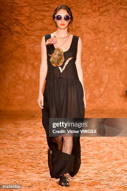 Model walks the runway at the Ronaldo Fraga Spring Summer 2019 fashion show during the SPFW N45 on April 26, 2018 in Sao Paulo, Brazil.