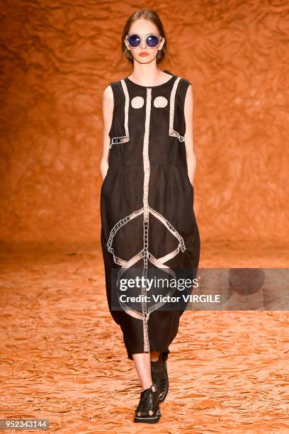 Model walks the runway at the Ronaldo Fraga Spring Summer 2019 fashion show during the SPFW N45 on April 26, 2018 in Sao Paulo, Brazil.