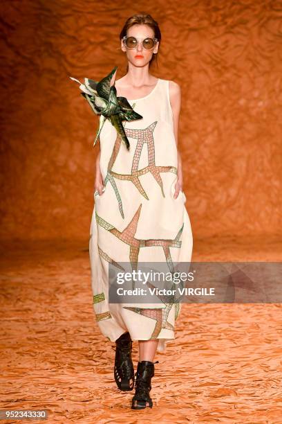 Model walks the runway at the Ronaldo Fraga Spring Summer 2019 fashion show during the SPFW N45 on April 26, 2018 in Sao Paulo, Brazil.