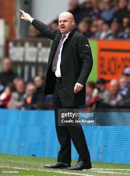 Sean Dyche, Manager of Burnley signals during the Premier League match between Burnley and Brighton and Hove Albion at Turf Moor on April 28, 2018 in...