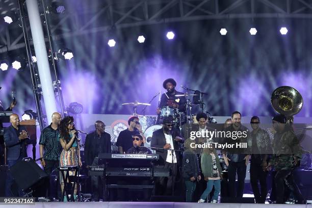 Stevie Wonder and The Roots perform the finale of "Another Star" during The Concert for Peace and Justice celebrating the opening of The Legacy...