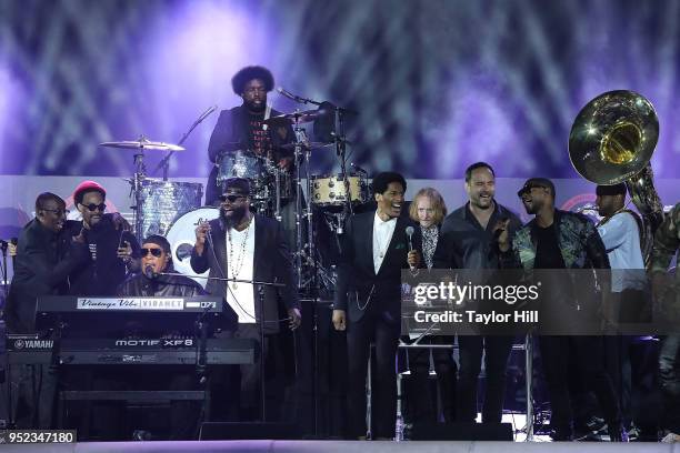 Stevie Wonder and The Roots perform the finale of "Another Star" during The Concert for Peace and Justice celebrating the opening of The Legacy...