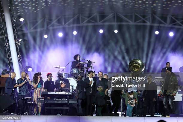 Stevie Wonder and The Roots perform the finale of "Another Star" during The Concert for Peace and Justice celebrating the opening of The Legacy...