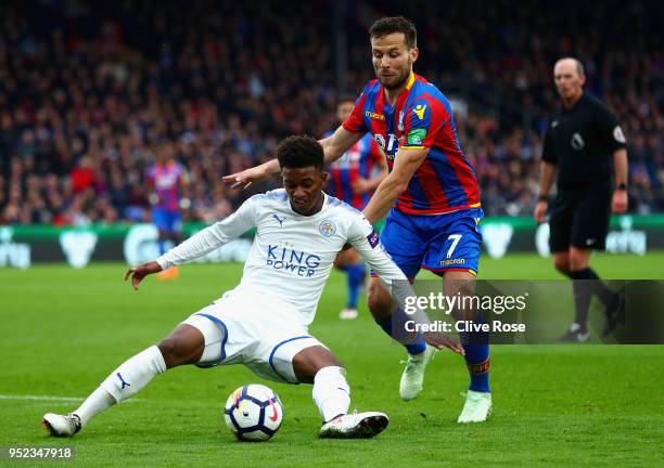 Yohan Cabaye of Crystal Palace tackles Demarai Gray of Leicester City during the Premier League match between Crystal Palace and Leicester City at...