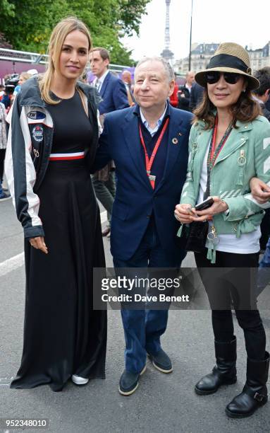 Carmen Jorda, Jean Todt, President of the FIA, Michelle Yeoh attend the ABB FIA Formula E Qatar Airways Paris E-Prix 2018 on April 28, 2018 in Paris,...