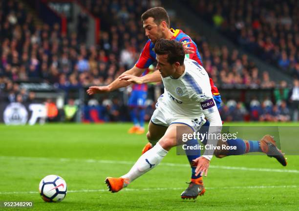 James McArthur of Crystal Palace tackles Ben Chilwell of Leicester City during the Premier League match between Crystal Palace and Leicester City at...