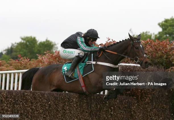 Altior ridden by Nico de Boinville clear the last fence before going on to win The bet 365 Celebration Chase Race run during bet365 Jump Finale day...