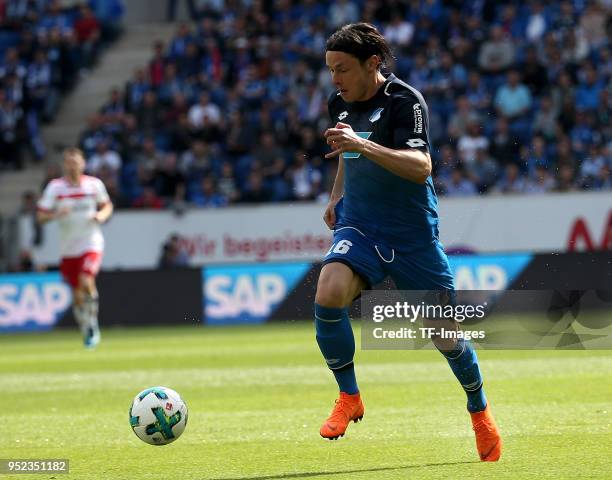 Nico Schulz of Hoffenheim controls the ball during the Bundesliga match between TSG 1899 Hoffenheim and Hamburger SV at Wirsol Rhein-Neckar-Arena on...