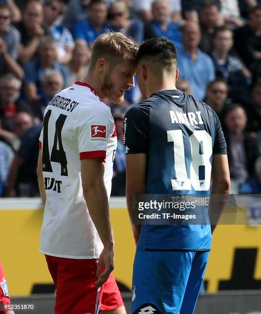 Aaron Hunt of Hamburg and Nadiem Amiri of Hoffenheim look at each other during the Bundesliga match between TSG 1899 Hoffenheim and Hamburger SV at...