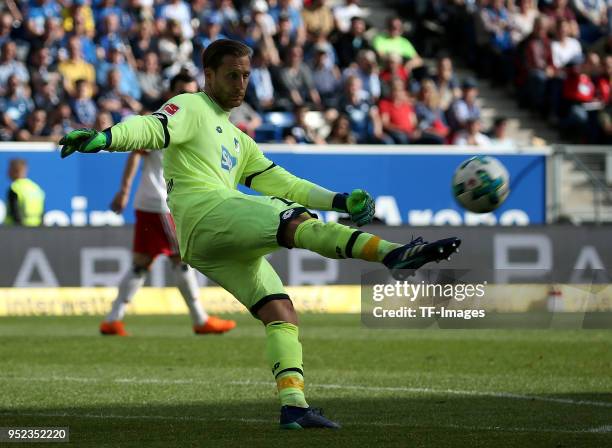 Goalkeeper Oliver Baumann of Hoffenheim controls the ball during the Bundesliga match between TSG 1899 Hoffenheim and Hamburger SV at Wirsol...