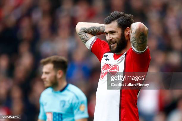 Charlie Austin of Southampton reacts during the Premier League match between Southampton and AFC Bournemouth at St Mary's Stadium on April 28, 2018...