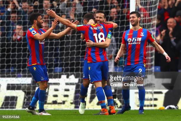 James McArthur of Crystal Palace celebrates with Yohan Cabaye after scoring his sides second goal during the Premier League match between Crystal...