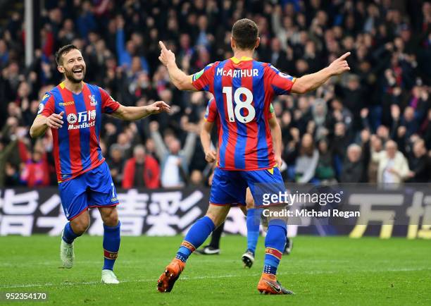 James McArthur of Crystal Palace celebrates with Yohan Cabaye after scoring his sides second goal during the Premier League match between Crystal...